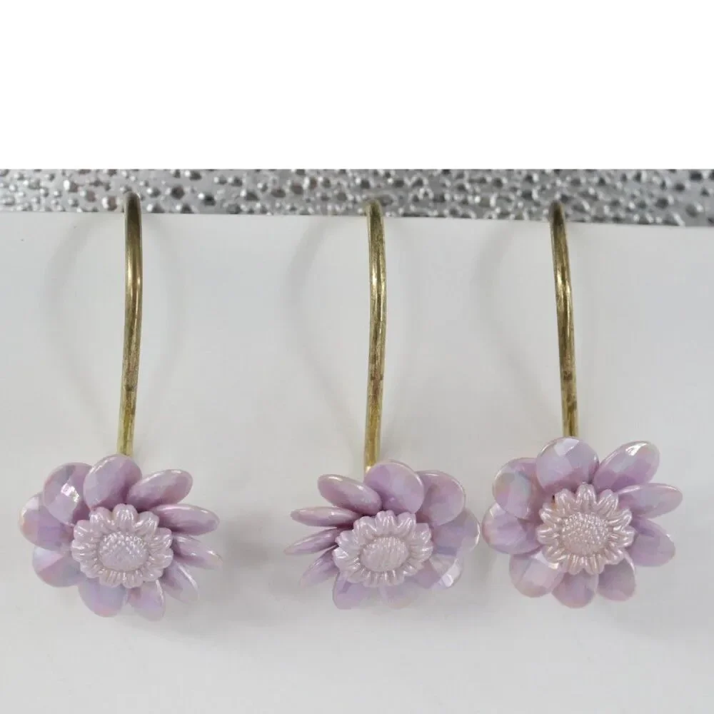 Vintage Purple Flower Shower Curtain Hooks Plastic and Gold Metal Hook Cottage